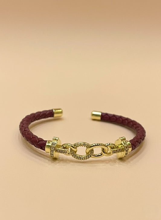 Burgundy Leather Gold Link Bangle